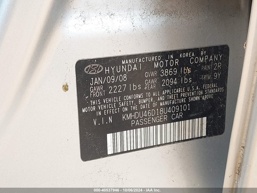 KMHDU46D18U409101 2008 Hyundai Elantra Gls/Se/Limited