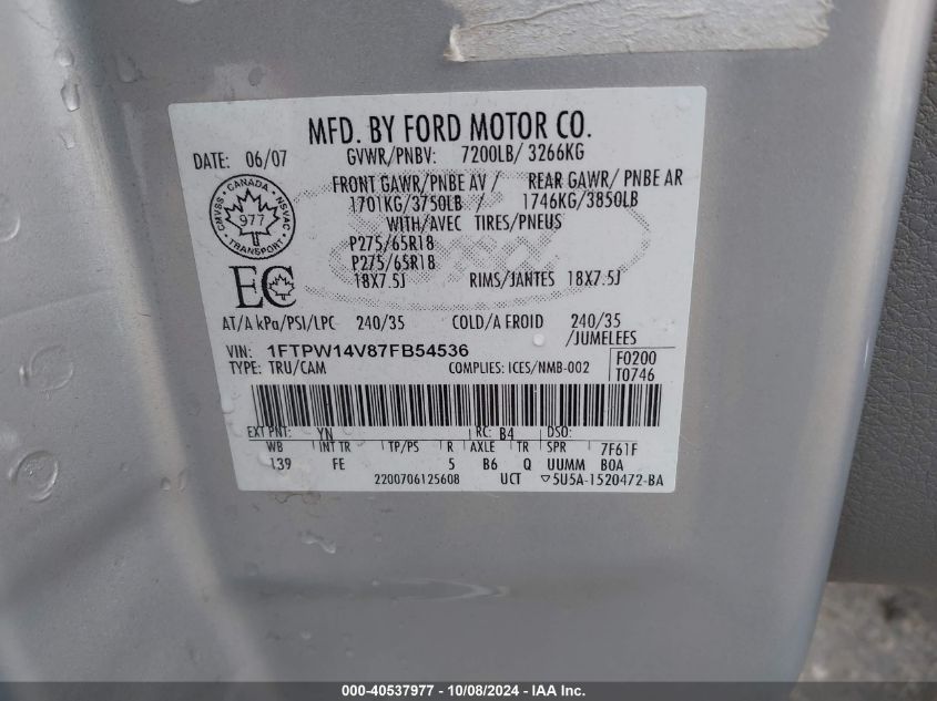 1FTPW14V87FB54536 2007 Ford F-150 Fx4/Lariat/Xlt