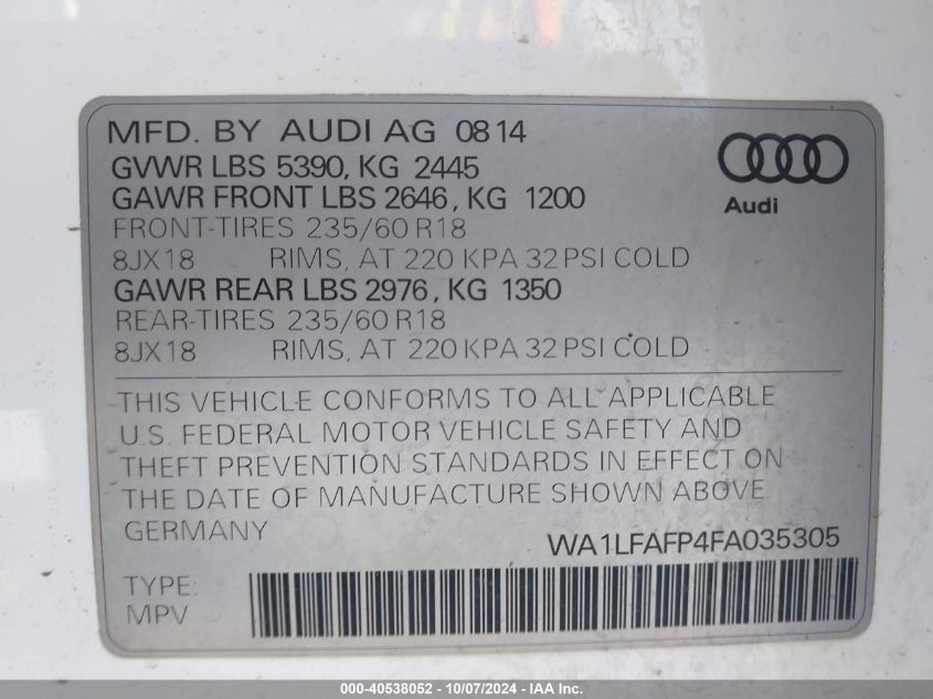 WA1LFAFP4FA035305 2015 Audi Q5 2.0T Premium