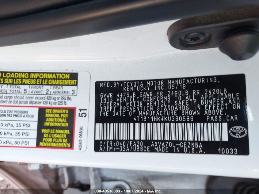 4T1B11HK4KU260586 2019 Toyota Camry Le