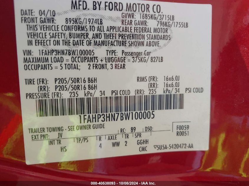 1FAHP3HN7BW100005 2011 Ford Focus Sel