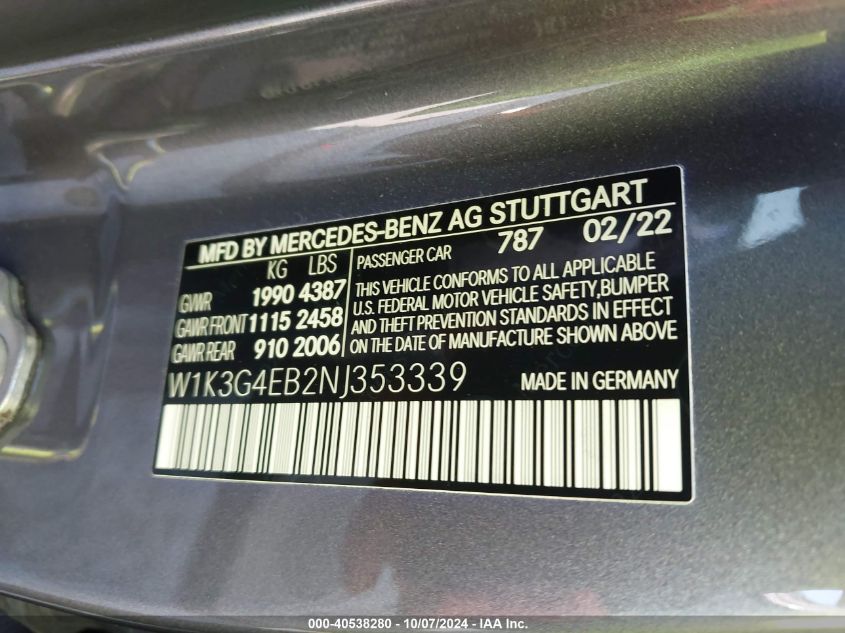 2022 Mercedes-Benz A 220 VIN: W1K3G4EB2NJ353339 Lot: 40538280