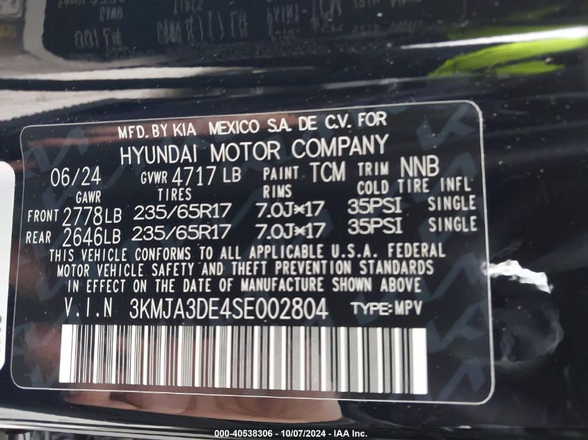 VIN 3KMJA3DE4SE002804 2025 Hyundai Tucson, SE no.9