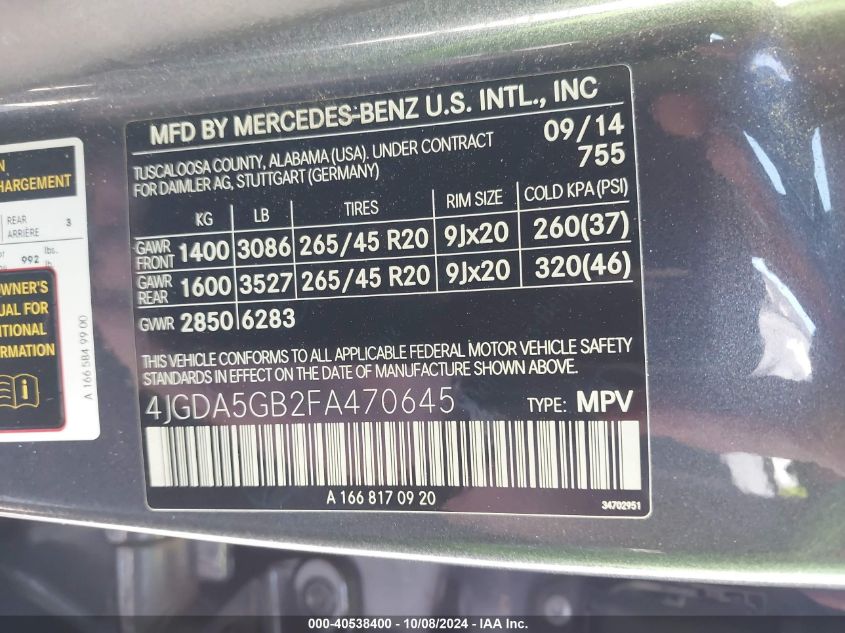 4JGDA5GB2FA470645 2015 Mercedes-Benz M-Class Ml 400