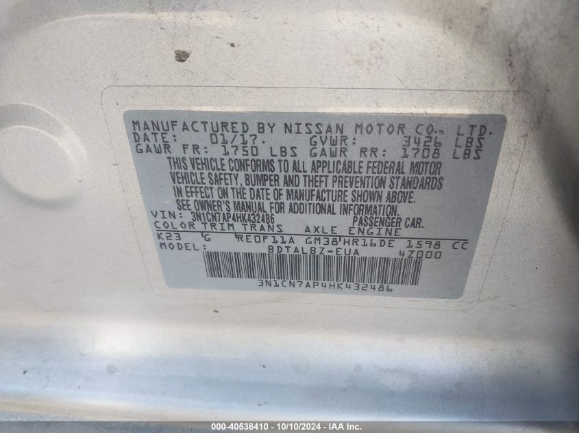 3N1CN7AP4HK432486 2017 Nissan Versa 1.6 Sv