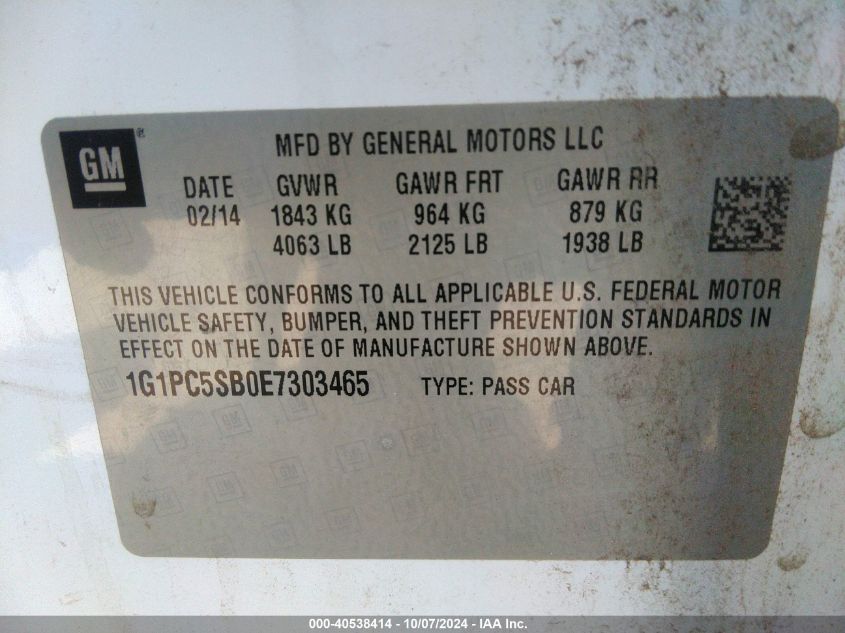 1G1PC5SB0E7303465 2014 Chevrolet Cruze 1Lt Auto