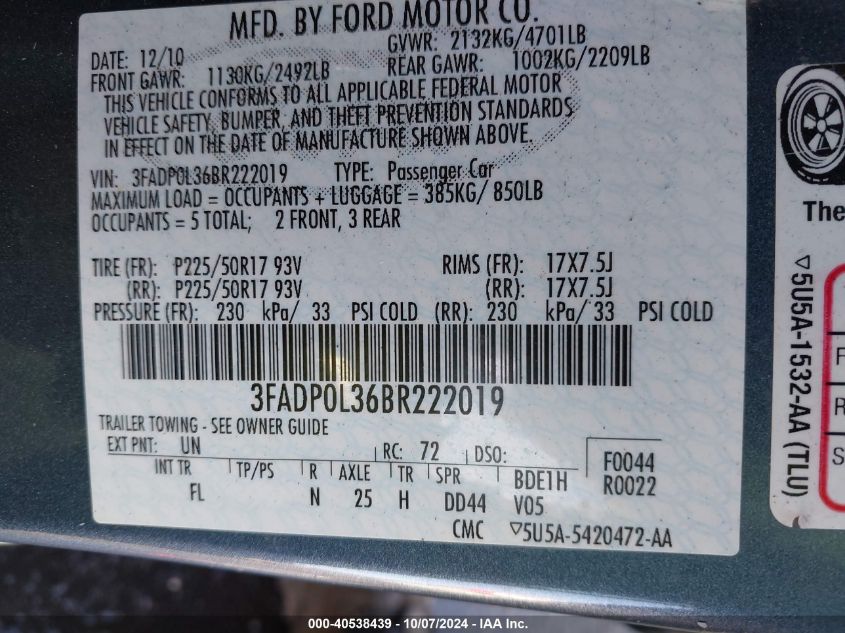 2011 Ford Fusion Hybrid VIN: 3FADP0L36BR222019 Lot: 40538439