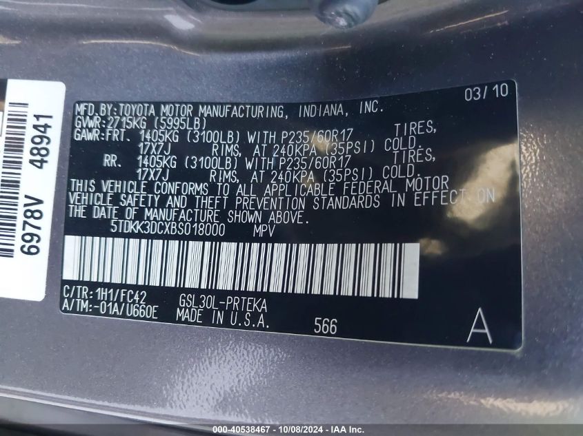 5TDKK3DCXBS018000 2011 Toyota Sienna Le V6