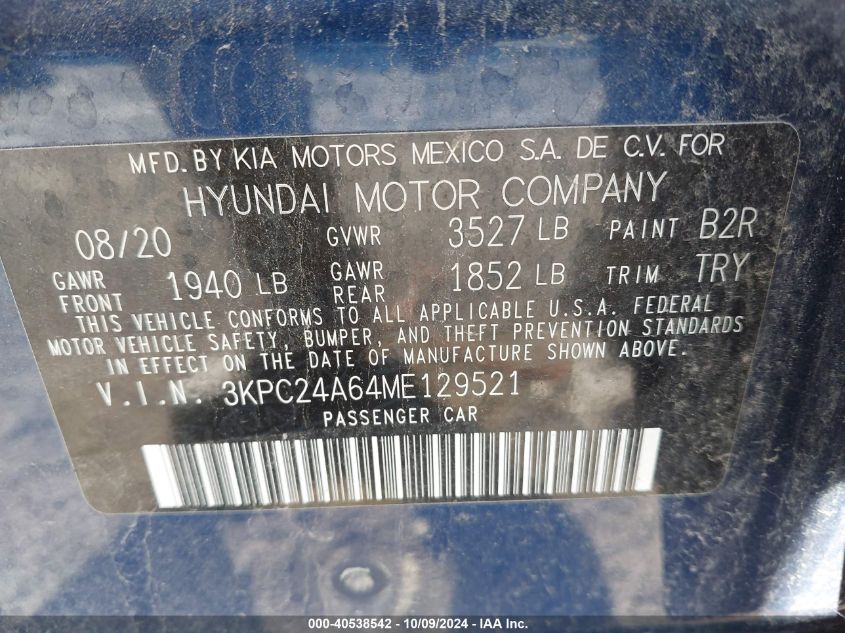 2021 Hyundai Accent Se VIN: 3KPC24A64ME129521 Lot: 40538542