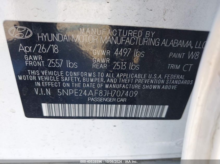 5NPE24AF8JH707409 2018 Hyundai Sonata Se