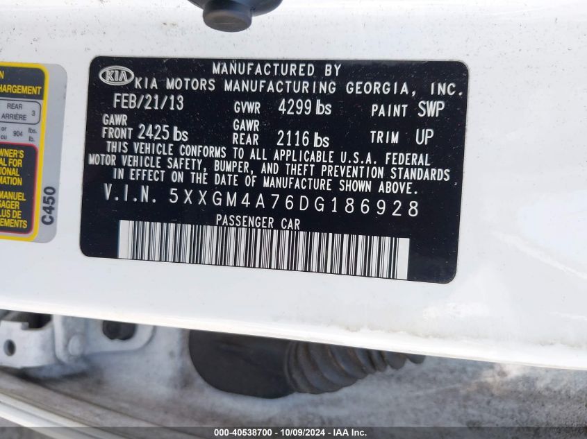 5XXGM4A76DG186928 2013 Kia Optima Lx