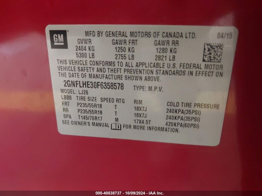 2GNFLHE30F6358578 2015 Chevrolet Equinox Ltz