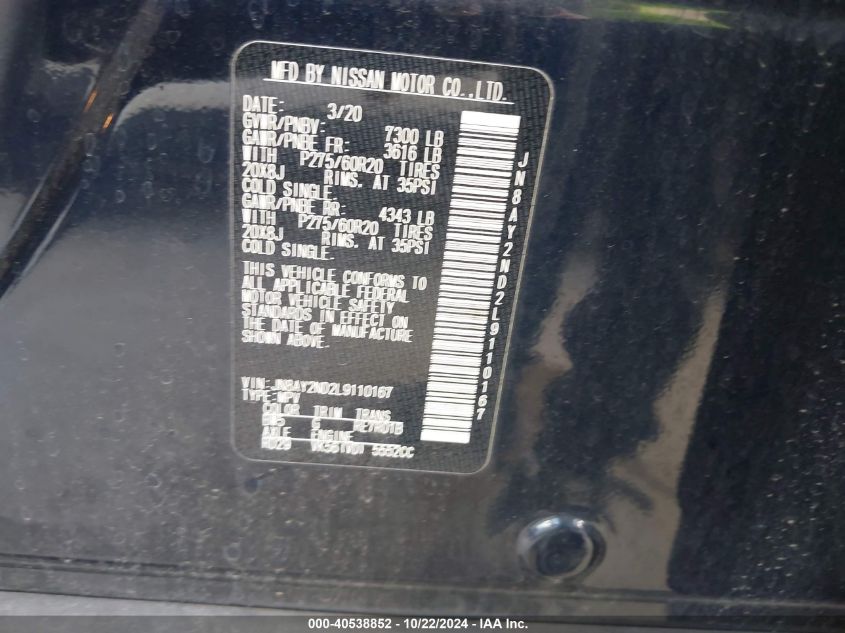 2020 NISSAN ARMADA SL 2WD - JN8AY2ND2L9110167