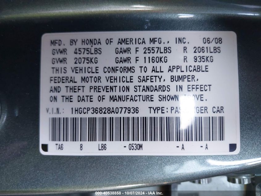 1HGCP36828A077936 2008 Honda Accord 3.5 Ex-L