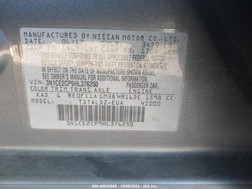 3N1CE2CP9HL376250 2017 Nissan Versa Note Sv