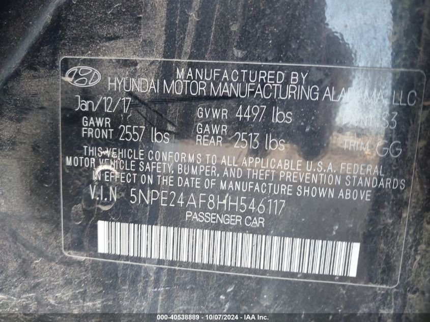 5NPE24AF8HH546117 2017 Hyundai Sonata Se