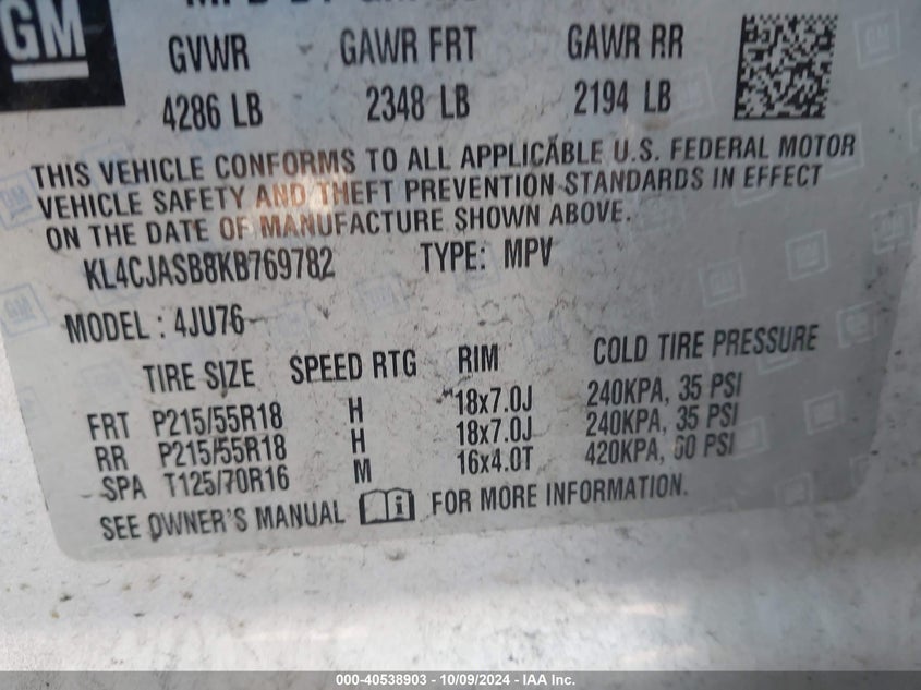 VIN KL4CJASB8KB769782 2019 BUICK ENCORE FWD PREFERRED