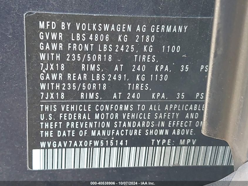 WVGAV7AX0FW515141 2015 Volkswagen Tiguan Se