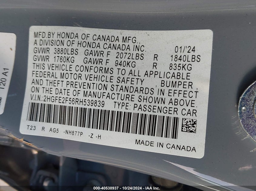 2024 HONDA CIVIC VIN: 2HGFE2F56RH539839