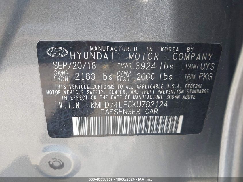 KMHD74LF8KU782124 2019 Hyundai Elantra Se