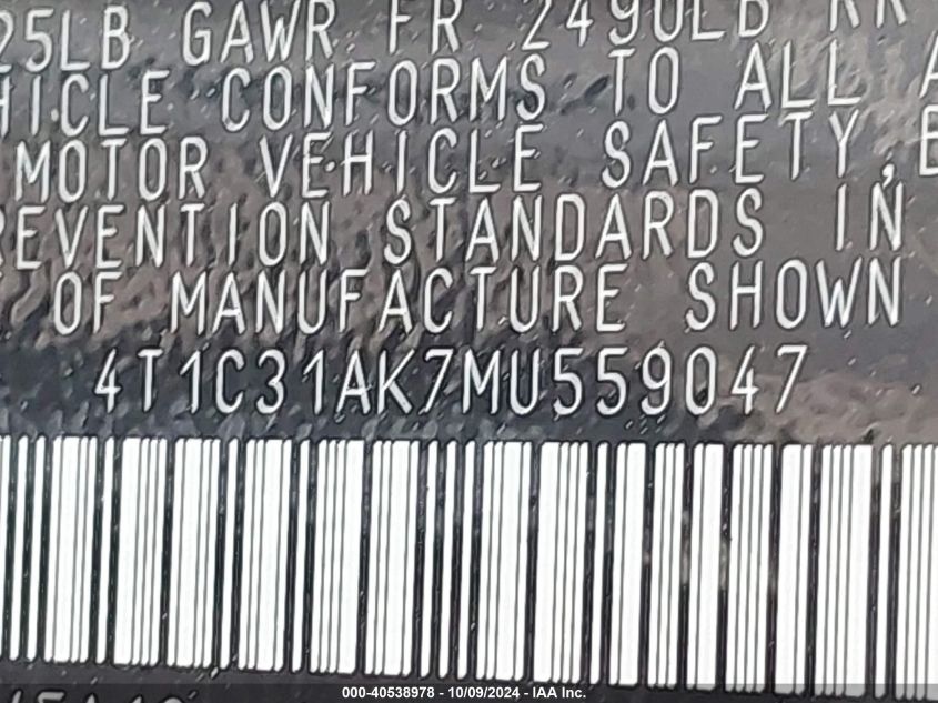 4T1C31AK7MU559047 2021 Toyota Camry Le Hybrid