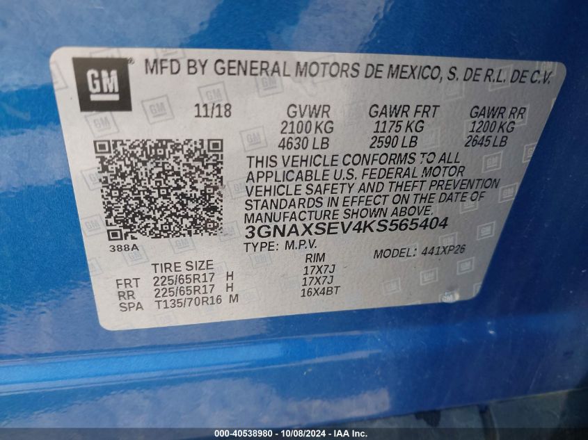 3GNAXSEV4KS565404 2019 Chevrolet Equinox Ls