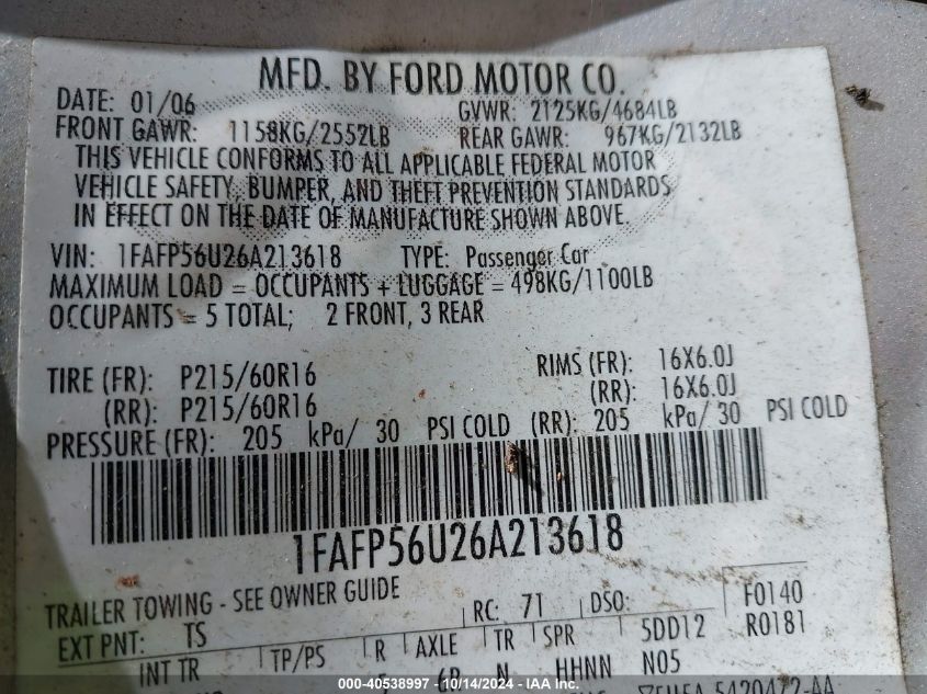 2006 Ford Taurus Sel VIN: 1FAFP56U26A213618 Lot: 40538997