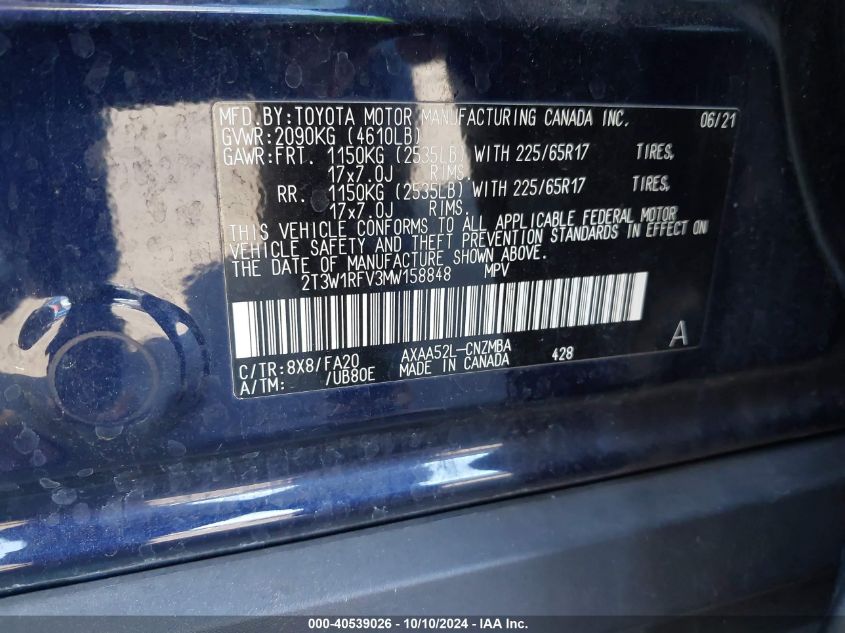 2T3W1RFV3MW158848 2021 Toyota Rav4 Xle