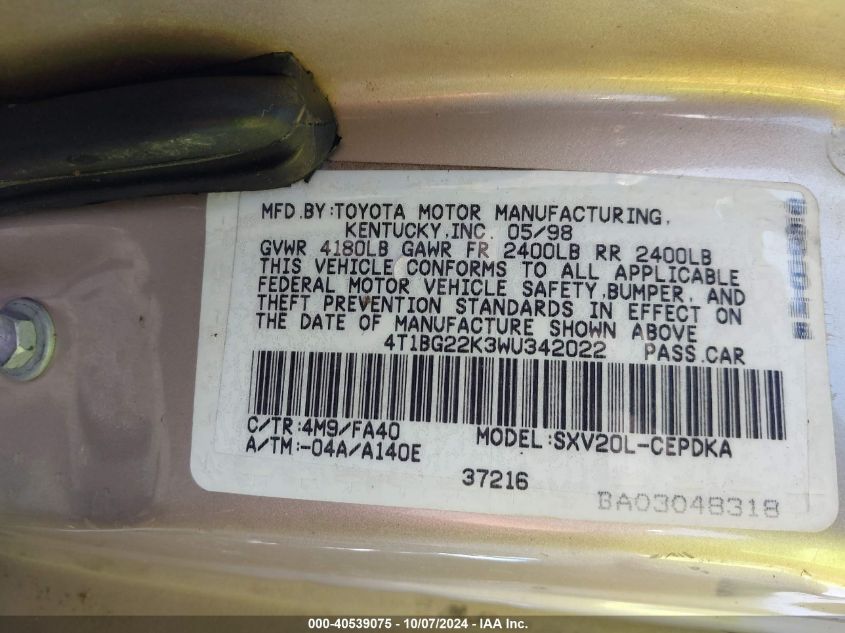 4T1BG22K3WU342022 1998 Toyota Camry Ce