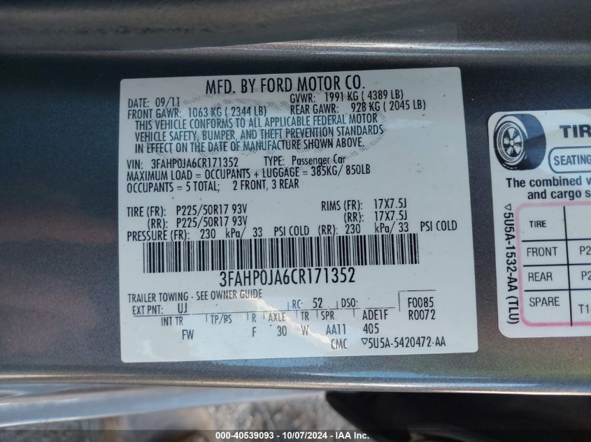 3FAHP0JA6CR171352 2012 Ford Fusion Sel