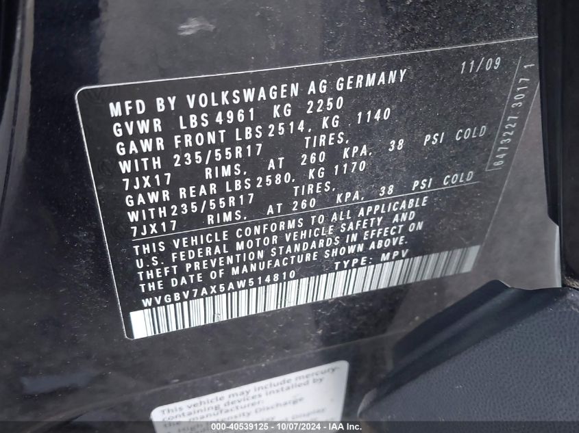 WVGBV7AX5AW514810 2010 Volkswagen Tiguan Wolfsburg Edition