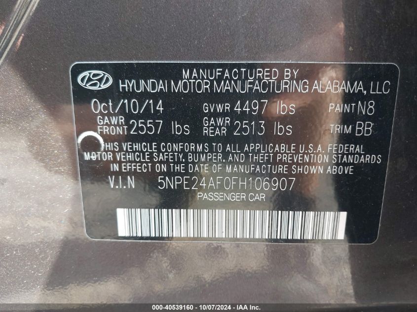 5NPE24AF0FH106907 2015 Hyundai Sonata Se