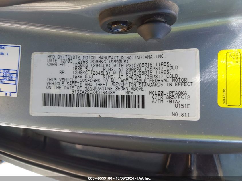 5TDZA22CX4S104439 2004 Toyota Sienna Xle