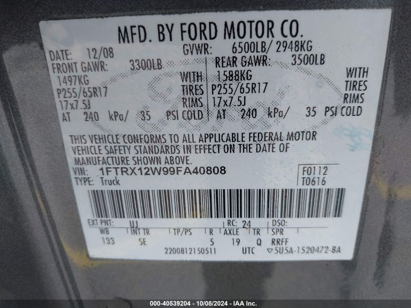 1FTRX12W99FA40808 2009 Ford F-150 Stx/Xl