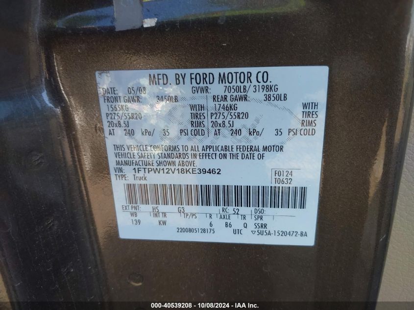 1FTPW12V18KE39462 2008 Ford F150 Supercrew