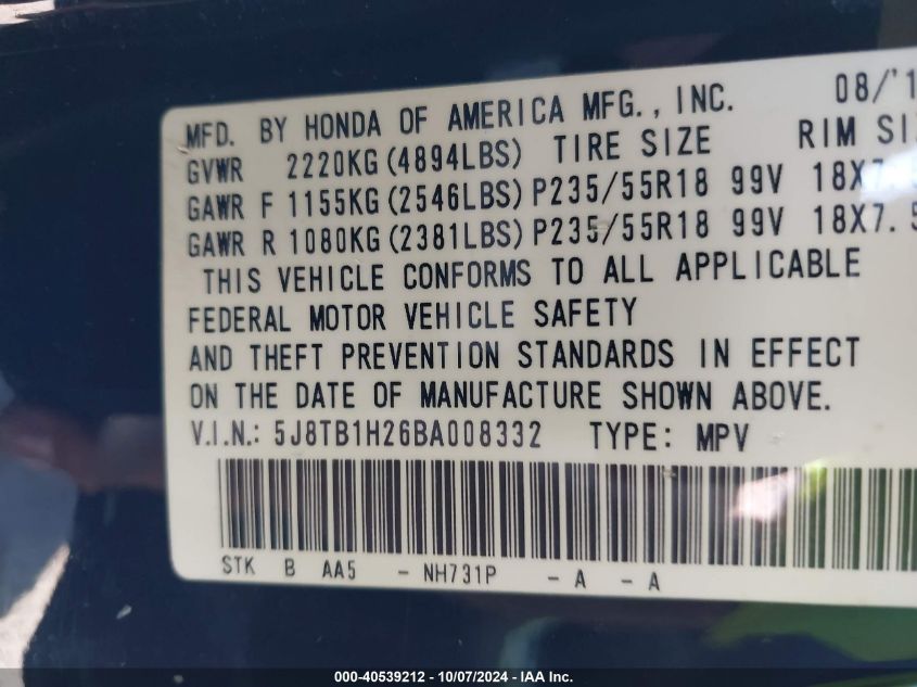 5J8TB1H26BA008332 2011 Acura Rdx