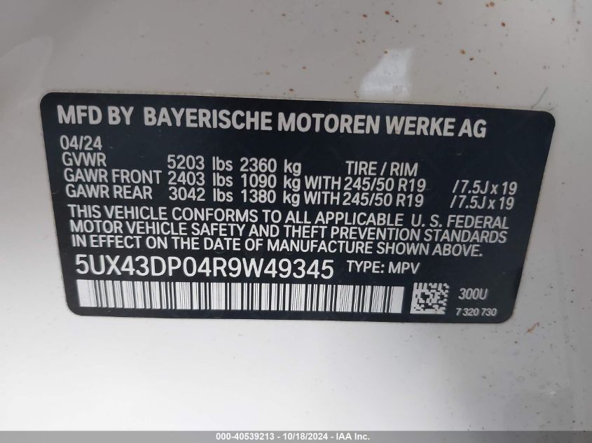 VIN 5UX43DP04R9W49345 2024 BMW X3 SDRIVE30I