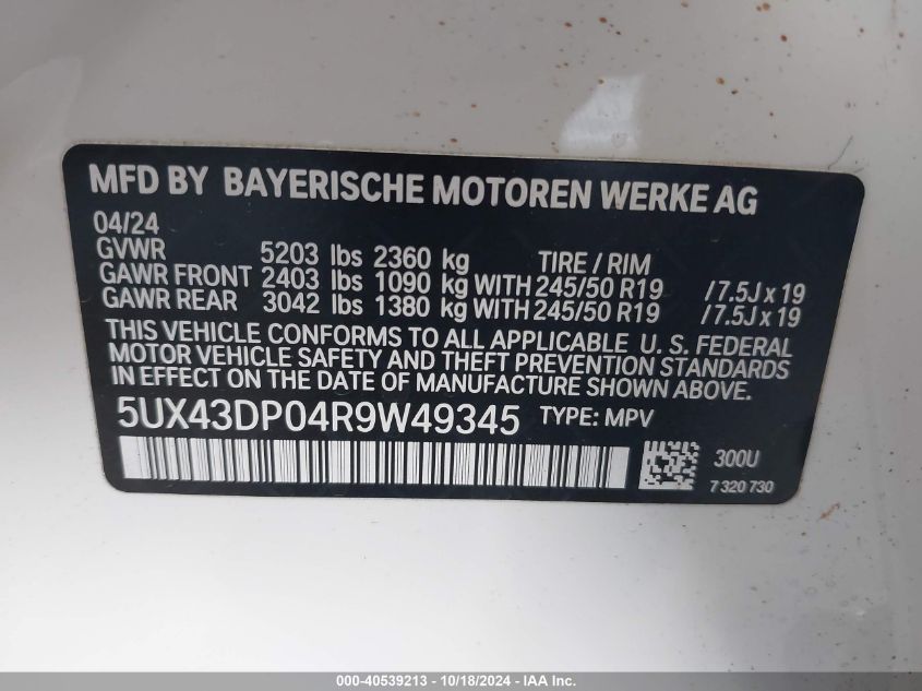 2024 BMW X3 Sdrive30I VIN: 5UX43DP04R9W49345 Lot: 40539213