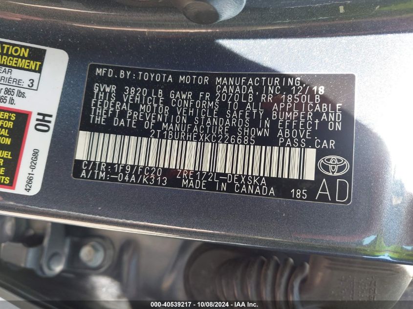 2T1BURHEXKC226685 2019 Toyota Corolla Se