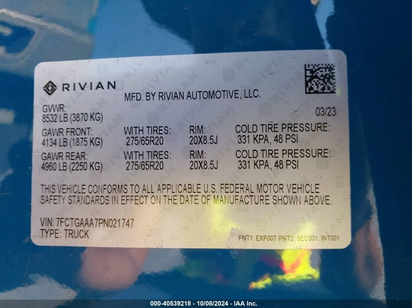 2023 Rivian R1T Adventure Quad Motor Large Pack VIN: 7FCTGAAA7PN021747 Lot: 40539218