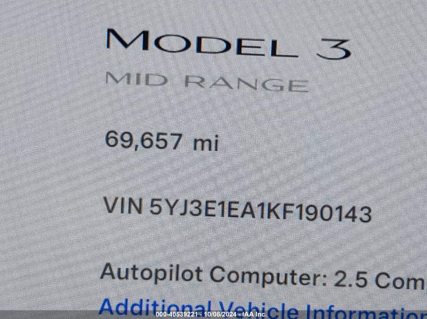 2019 Tesla Model 3 Long Range/Mid Range/Standard Range/Standard Range Plus VIN: 5YJ3E1EA1KF190143 Lot: 40539221