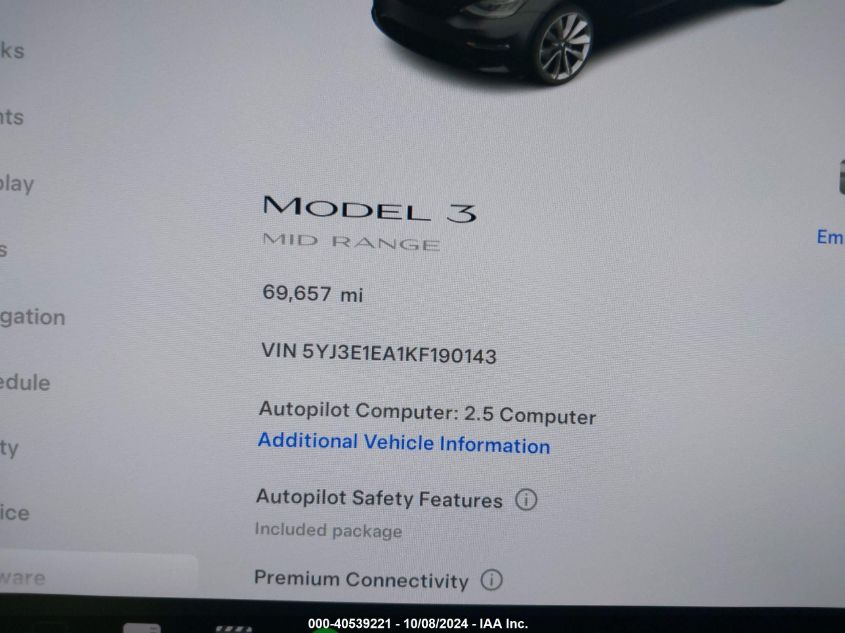 2019 Tesla Model 3 Long Range/Mid Range/Standard Range/Standard Range Plus VIN: 5YJ3E1EA1KF190143 Lot: 40539221