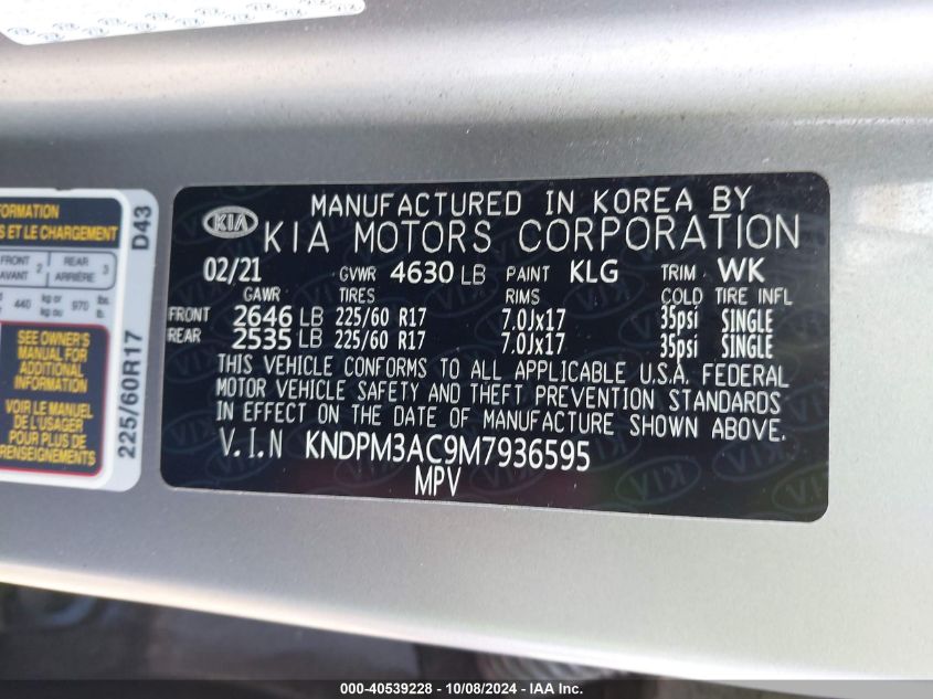 KNDPM3AC9M7936595 2021 Kia Sportage Lx