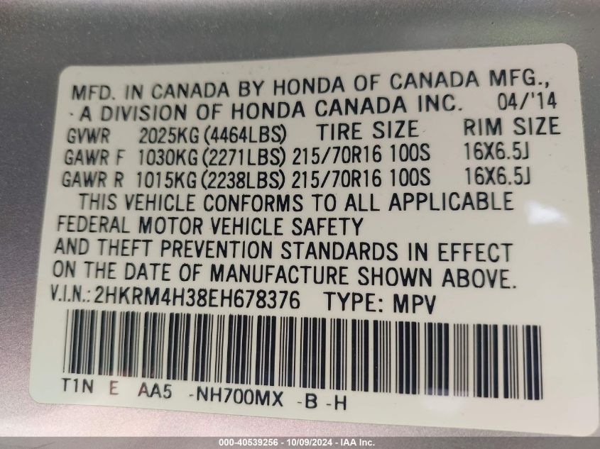 2HKRM4H38EH678376 2014 Honda Cr-V Lx