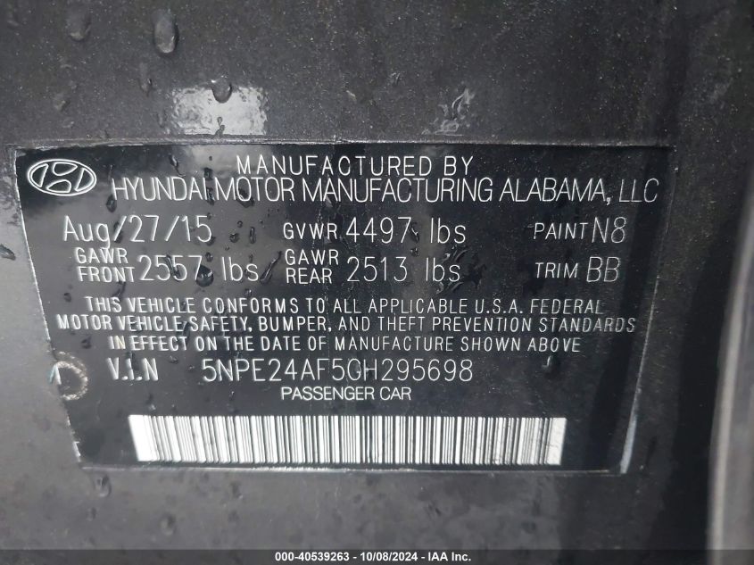 5NPE24AF5GH295698 2016 Hyundai Sonata 2.4L Se