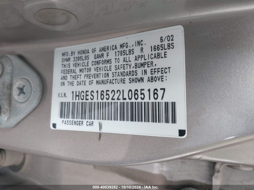 1HGES16522L065167 2002 Honda Civic Lx