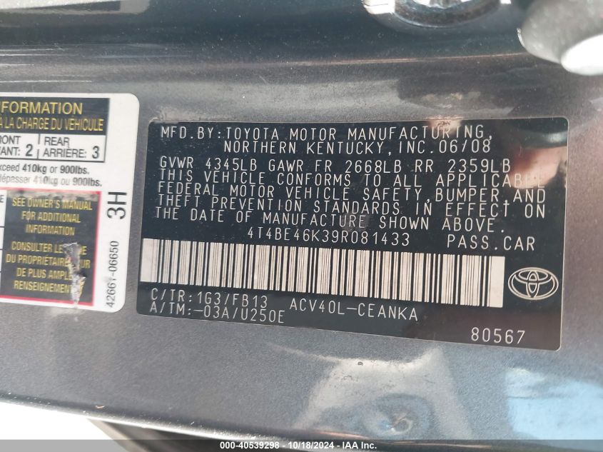 4T4BE46K39R081433 2009 Toyota Camry Le