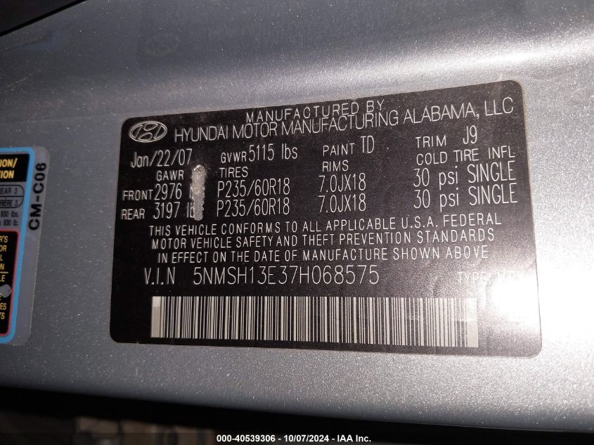 5NMSH13E37H068575 2007 Hyundai Santa Fe Limited/Se