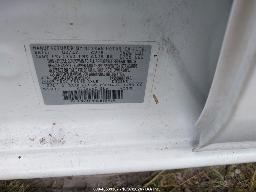 2017 NISSAN VERSA 1.6 S+ - 3N1CN7AP9HL852464