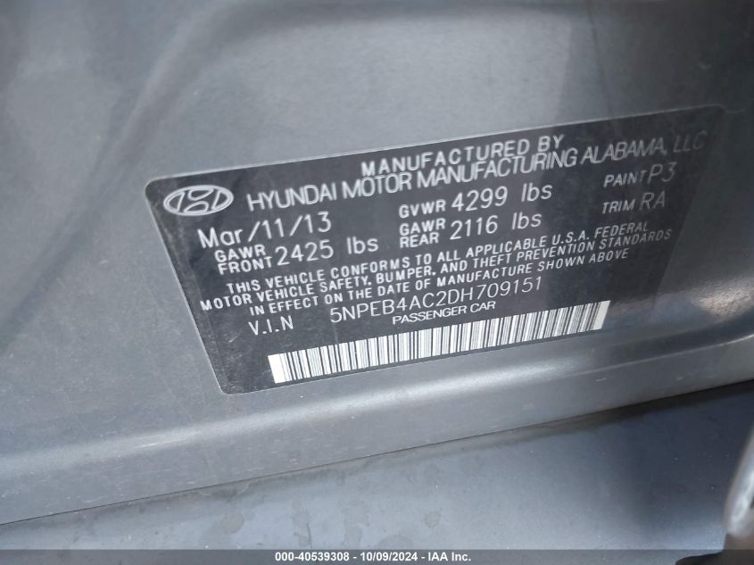 5NPEB4AC2DH709151 2013 Hyundai Sonata Gls